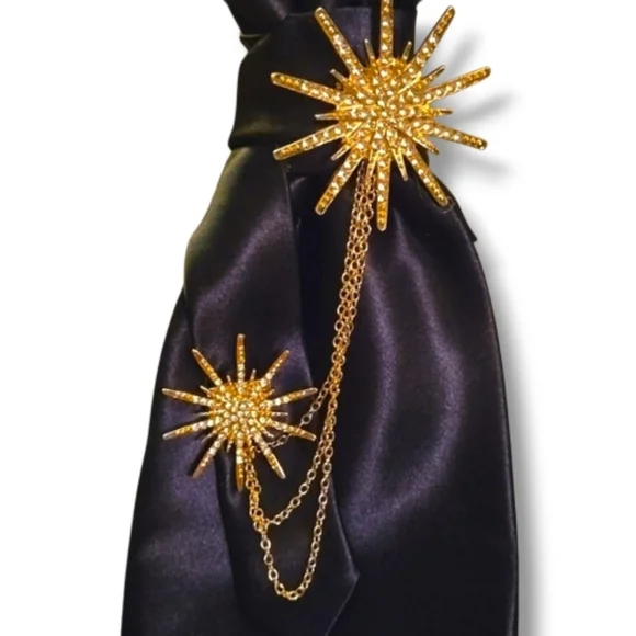 Decorative Satin Navy Statement Folded Cravat Necklace Gold Starburst Accents - Picture 3 of 5